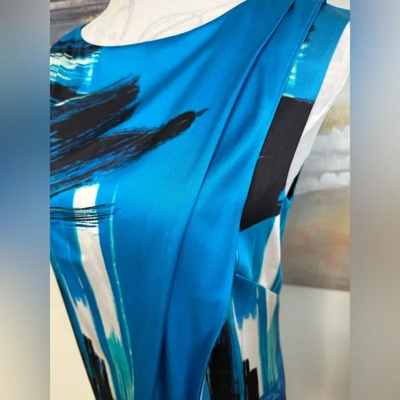 ST JOHN Brushstroke Stretch Silk Charmeuse Draped Cyan/Black Dress, Size 2 - Picture 7 of 16